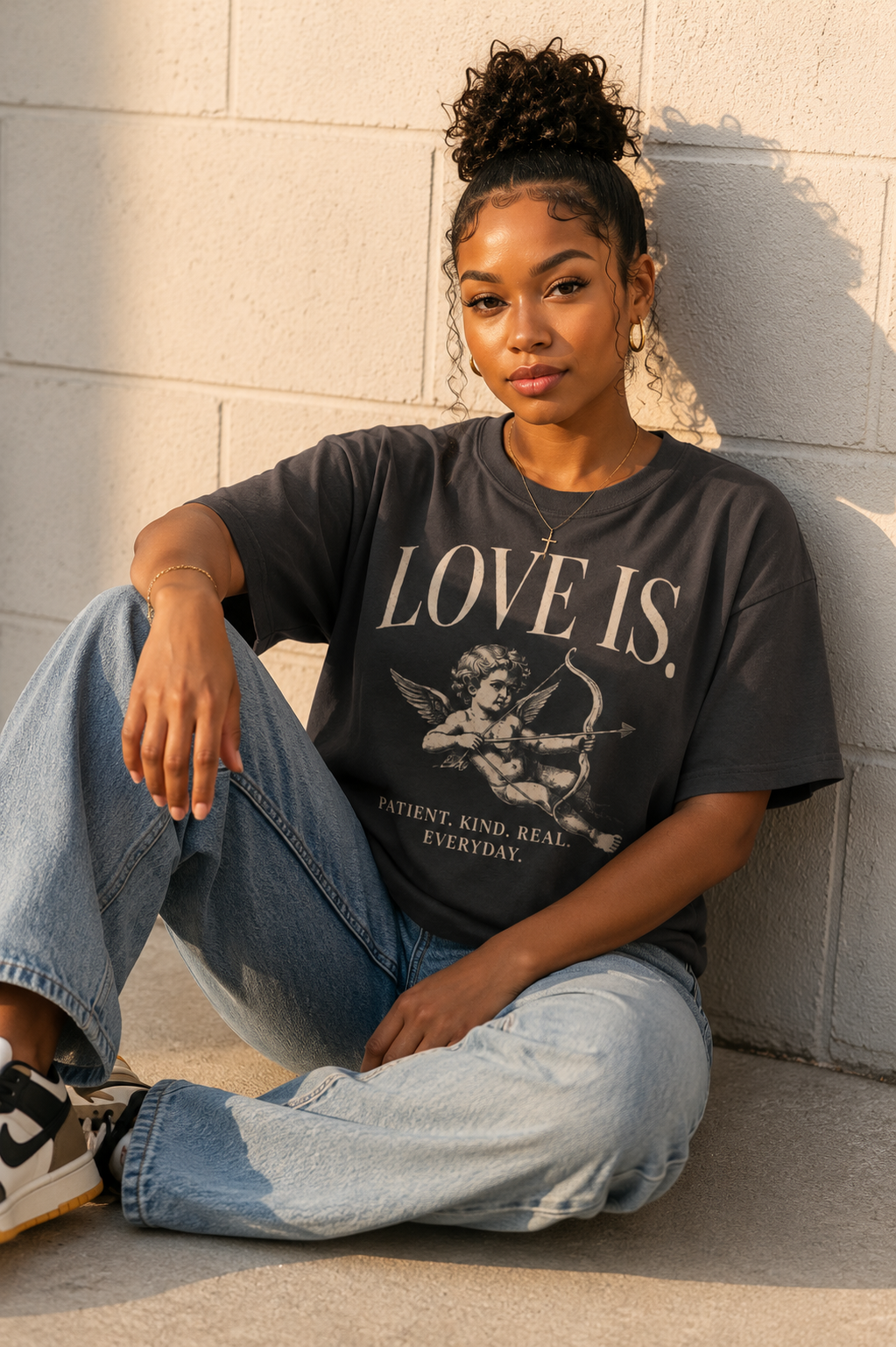 love is. Patient. Kind. Real. Everyday. | Vintage Oversized Cupid Graphic Tee