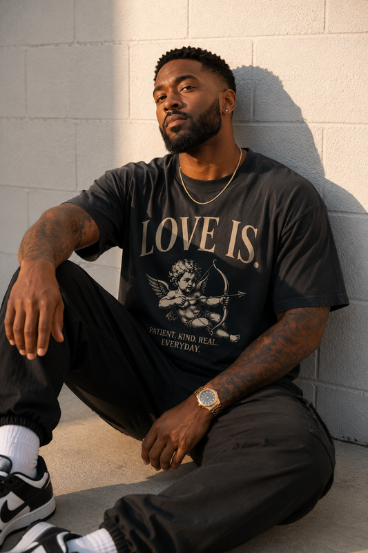 love is. Patient. Kind. Real. Everyday. | Vintage Oversized Cupid Graphic Tee