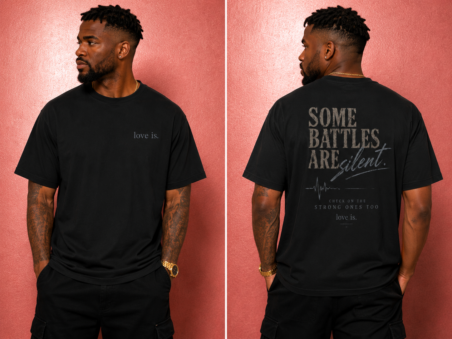 Male model wearing black love is. Some Battles Are Silent mental health awareness t-shirt against a rose gold studio background.