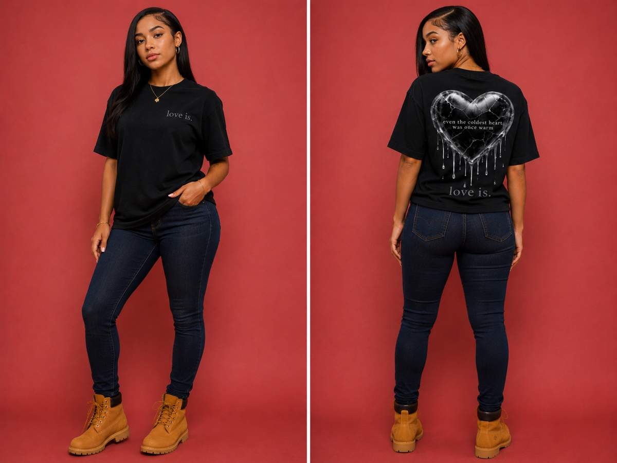 Black oversized healing graphic tee featuring the "Even the Coldest Heart Was Once Warm" love is. design worn by a female model