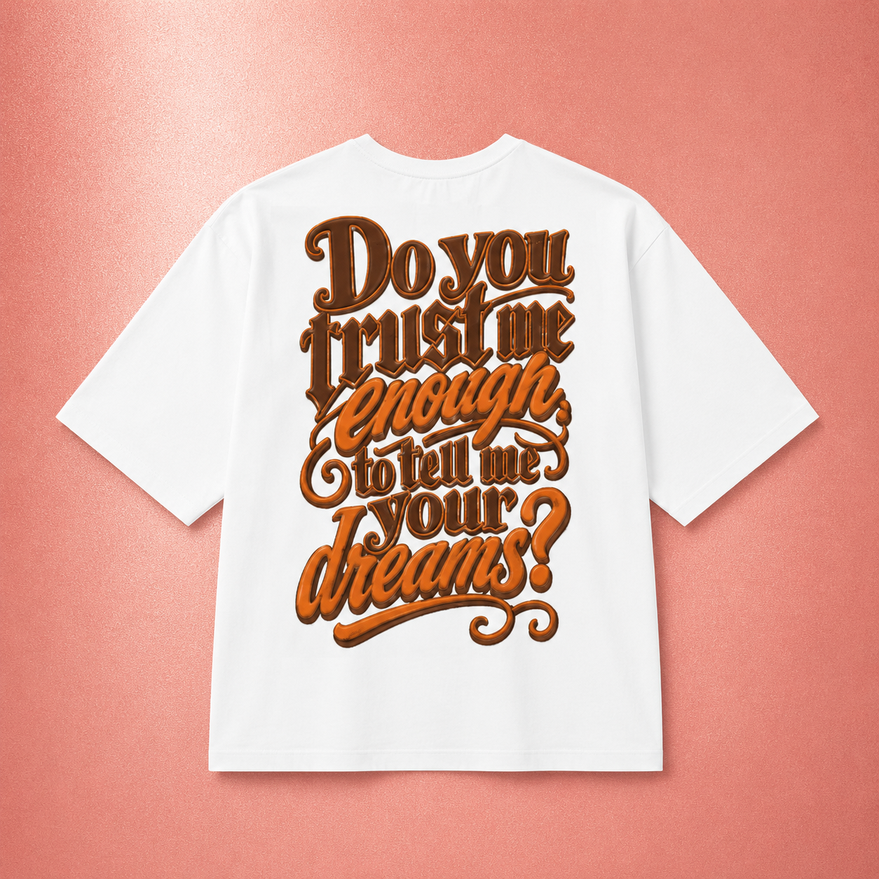 Black male model wearing the love is. oversized cotton t-shirt featuring the “Do You Trust Me Enough To Tell Me Your Dreams?” graphic design.
