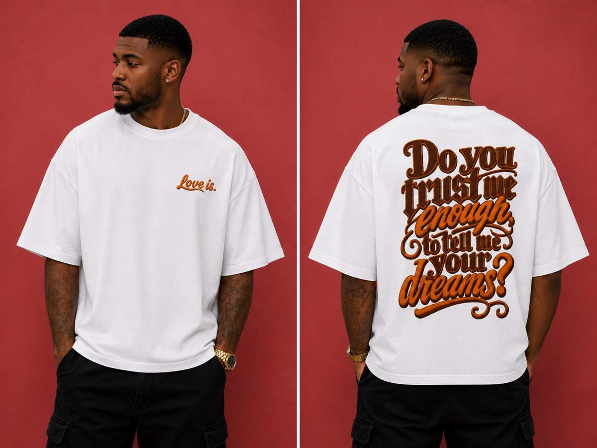 Black male model wearing the love is. oversized cotton t-shirt featuring the “Do You Trust Me Enough To Tell Me Your Dreams?” graphic design.
