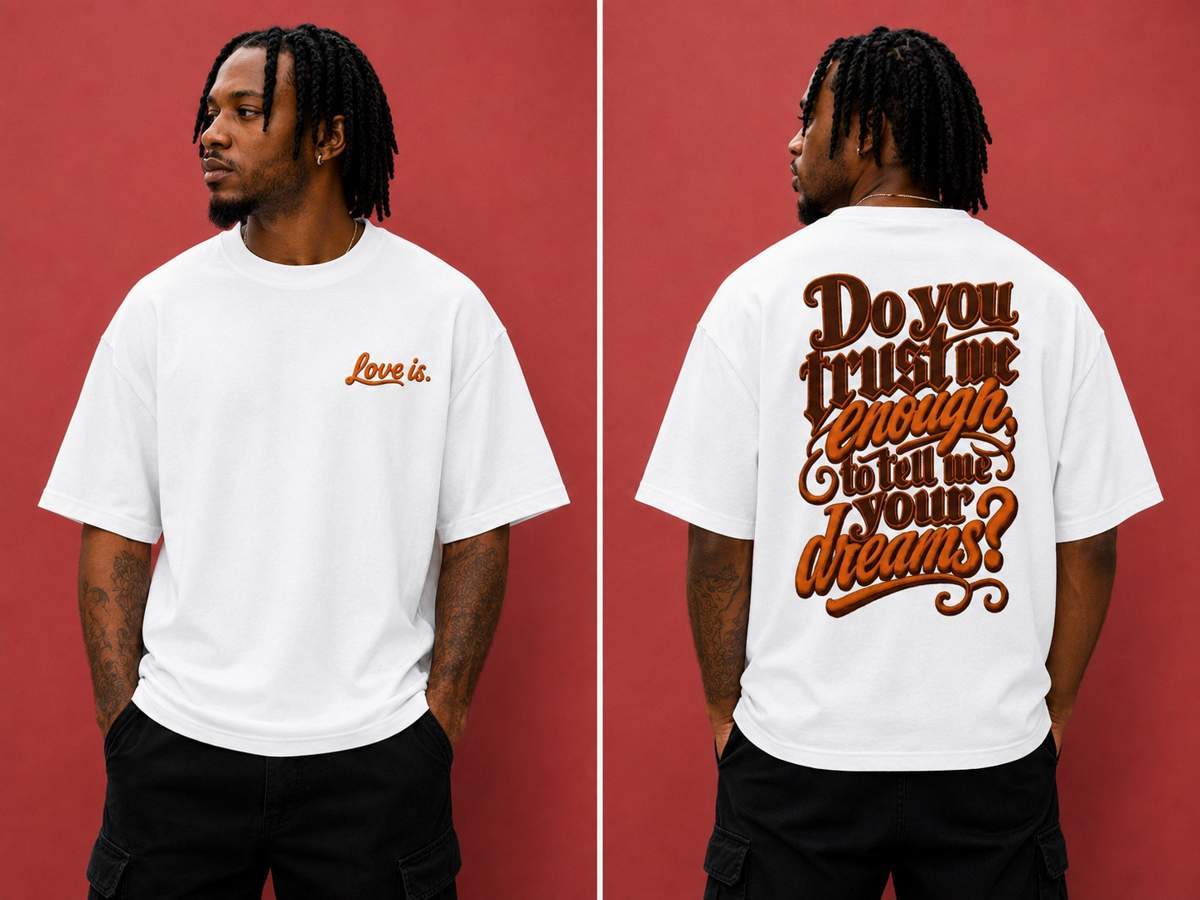 Black male model wearing the love is. oversized cotton t-shirt featuring the “Do You Trust Me Enough To Tell Me Your Dreams?” graphic design.