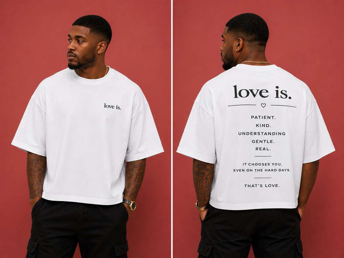 Male model wearing a white love is. oversized Christian t-shirt featuring a minimalist front logo and inspirational back design about patience, kindness, understanding, gentleness, and authentic love.